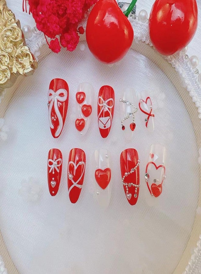 YKZFUI 24Pcs Valentine's Press on Nails Medium Red Heart Fake Nails with 3D Bow Love, White Pearl & Rhinestones Designs French False Nails Tip Stick on Nails Almond Shaped Full Cover Glue on Nails for Women - Image 3
